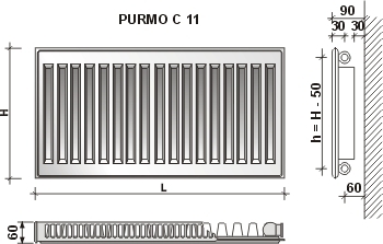 Radiatorius PURMO C 11 300-1400, pajungimas šone
