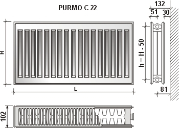 Pадиатор PURMO C 22 300-1000, Подключение на стороне