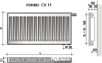 Radiatorius PURMO CV 11 900-1200, pajungimas apačioje