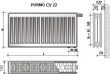 Radiatorius PURMO CV 22 300-1000, pajungimas apačioje