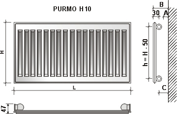 Radiatorius PURMO H 10 450-800, pajungimas šone