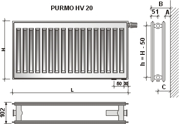 Radiatorius PURMO HV 20 500-1200, pajungimas apačioje