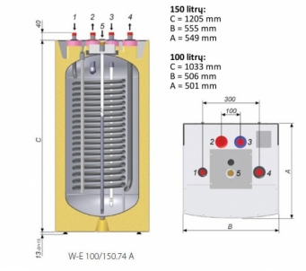 Vandens šildytuvas NIBE-BIAWAR QUATTRO W-E150.74 150L vertikalus, be teno, pastatomas