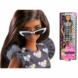 GHW54 Barbie Fashionistas Doll with Long Brunette Hair Wearing Mouse-Print Dress MATTEL 