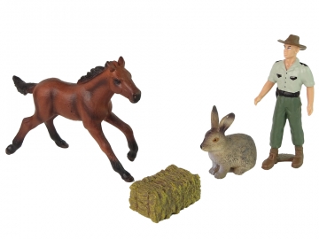 Gyvūnų figūrėlių rinkinys (rudas arklys, kiškis, ūkininkas)