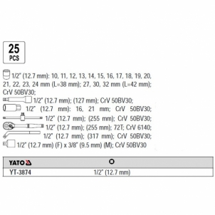 Įrankių rinkinys 1/2 "(25vnt.) YT-38741 YATO