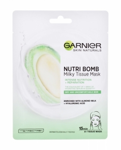 Kaukė sausai odai Garnier Skin Naturals Nutri Bomb Almond Milk + Hyaluronic Acid 1vnt Sejas maskas, serumi sejai
