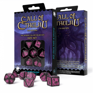 Kauliukų rinkinys Call Of Cthulhu 7th Edition (juodos ir purpurinės sp.) Žaidimų kauliukai, runos, švytuoklės