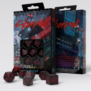 Kauliukų rinkinys Cyberpunk RED RPG (juodos ir raudonos sp.) Žaidimų kauliukai, runos, švytuoklės