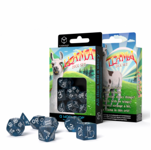 Kauliukų rinkinys Shimmering Llama (tamsiai mėlynos ir baltos sp.) Žaidimų kauliukai, runos, švytuoklės