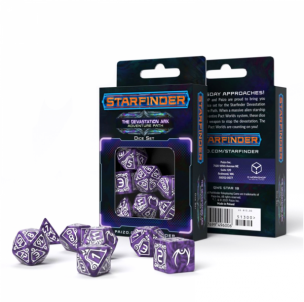 Kauliukų rinkinys Starfinder Devastation Ark (violetinės ir baltos sp.) Žaidimų kauliukai, runos, švytuoklės