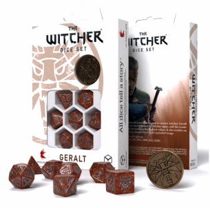 Kauliukų rinkinys The Witcher Geralt (karamelinės ir sidabrinės sp.) Žaidimų kauliukai, runos, švytuoklės
