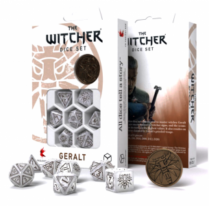 Kauliukų rinkinys The Witcher Geralt (perlo ir rudos sp.) Žaidimų kauliukai, runos, švytuoklės
