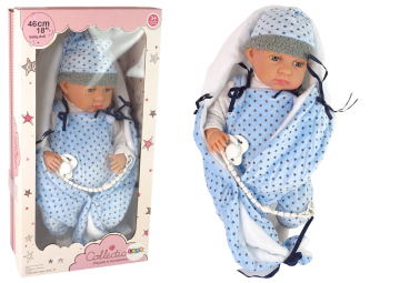 Kūdikio lėlė su žvaigždėta antklode 46 cm, mėlyna 