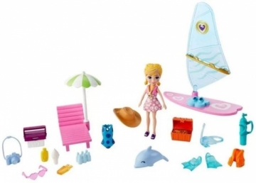 Lėlė GFR01 / GFT95 Polly Pocket Surf Splash Playset 3 inch Polly Big Doll with Beach Surfing