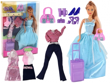 Lėlė su mėlyna suknele, lagaminu ir kitais priedais Izglītojošās rotaļlietas