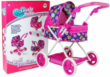 Lėlių vėžimėlis su gėlytėmis, rožinis Toys for girls