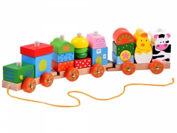 Medinis geležinkelio lokomotyvas su vagonais Attīstošās koka rotaļlietas