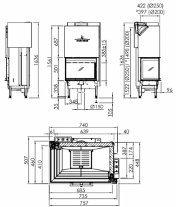 Plieninis židinio ugniakuras Spartherm Varia 2R-68h-4S, tiesiu kampiniu (dešinės p.) stiklu