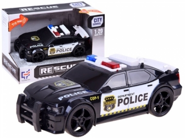 Policijos automobilis su šviesomis ir sirena, juoda 