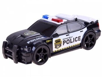 Policijos automobilis su šviesomis ir sirena, juoda