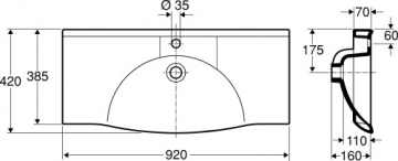 Praustuvas SIGN Compact, 92x42 cm ,centrinis, tvirt. laikikliais, baltas