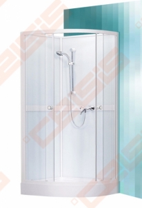 Pusapvalis dušo boksas SANIPRO Simple 80x80 su padėklu ir sifonu, su baltos spalvos profiliu ir skaidriu stiklu