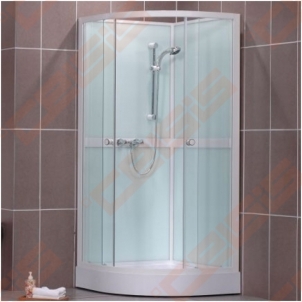 Pusapvalis dušo boksas SANIPRO Simple 90x90 su padėklu ir sifonu, su baltos spalvos profiliu ir clear glass