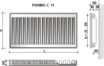 Radiatorius PURMO C 11 300-1800, pajungimas šone