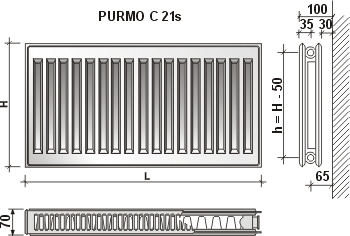 Radiatorius PURMO C 21s 300-1000, pajungimas šone