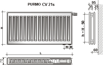 Radiatorius PURMO CV 21s 500-1000, pajungimas apačioje