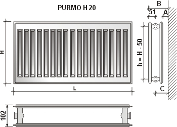 Radiatorius PURMO H 20 300-700, pajungimas šone