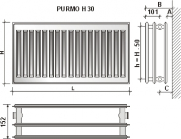 Radiatorius PURMO H 30 600-1000, pajungimas šone