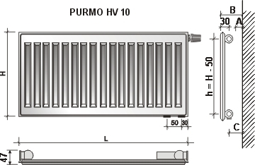 Radiatorius PURMO HV 10 500-800, pajungimas apačioje