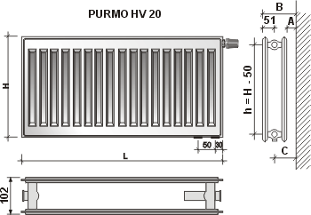 Radiatorius PURMO HV 20, 500-1000, pajungimas apačioje
