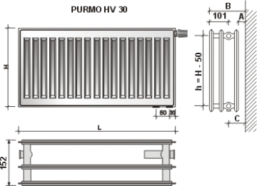 Radiatorius PURMO HV 30 500-1200, pajungimas apačioje