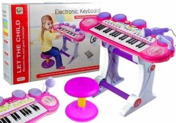 Vaikiškas pianinas su mikrofonu ir kėdute, rožinis 