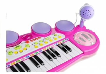 Vaikiškas pianinas su mikrofonu ir kėdute, rožinis
