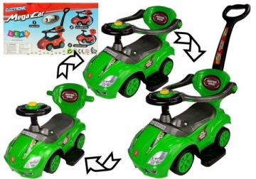 Vaikiškas stumiamas automobilis „3in1“, žalias Minamos ir paspiriamos mašinėlės