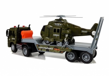 Žaislinis vilkikas su kariniu sraigtasparniu