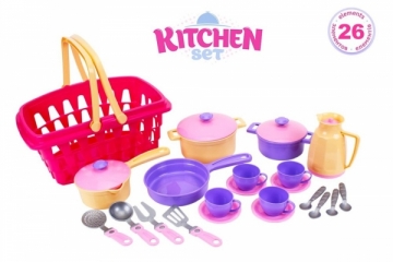 Žaislinis virtuvės aksesuarų rinkinys pirkinių krepšelyje Vaikiškos virtuvėlės