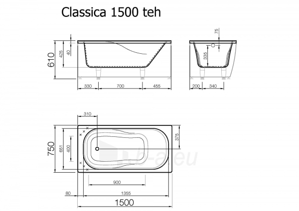 Akmens masės vonia VISPOOL CLASSICA 150x75 stačiakampė balta paveikslėlis 4 iš 5
