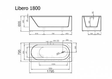 Akmens masės vonia VISPOOL LIBERO 180x80 stačiakampė balta paveikslėlis 4 iš 6