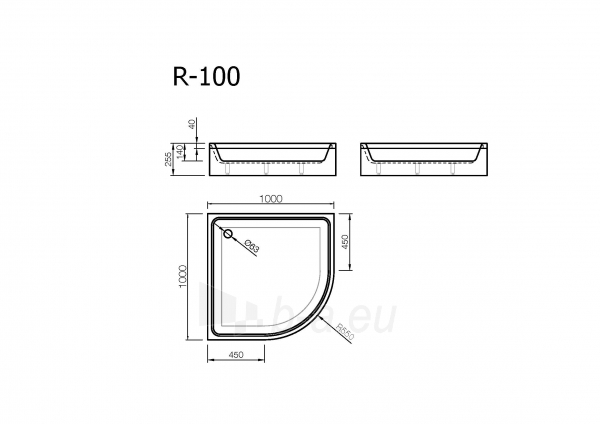 Akmens masės dušo padėklas VISPOOL R-100, 100x100 cm, pusapvalis, R-550 paveikslėlis 2 iš 2