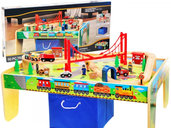 Didelis žaidimų stalas su mediniu traukiniu paveikslėlis 2 iš 13