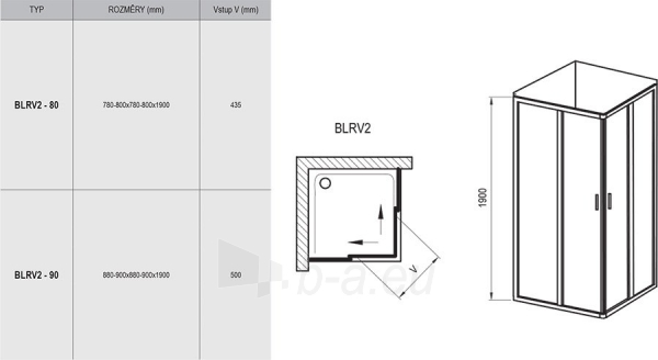 Dušo kabina kvadratinė Ravak Blix, BLRV2-80, blizgi+stiklas Transparent paveikslėlis 2 iš 2