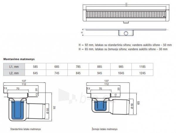 Dušo latakas Aco ShowerDrain C, 785, aukštis 65 mm, su ruošiniu plytelėms, horizontali jungė paveikslėlis 2 iš 2