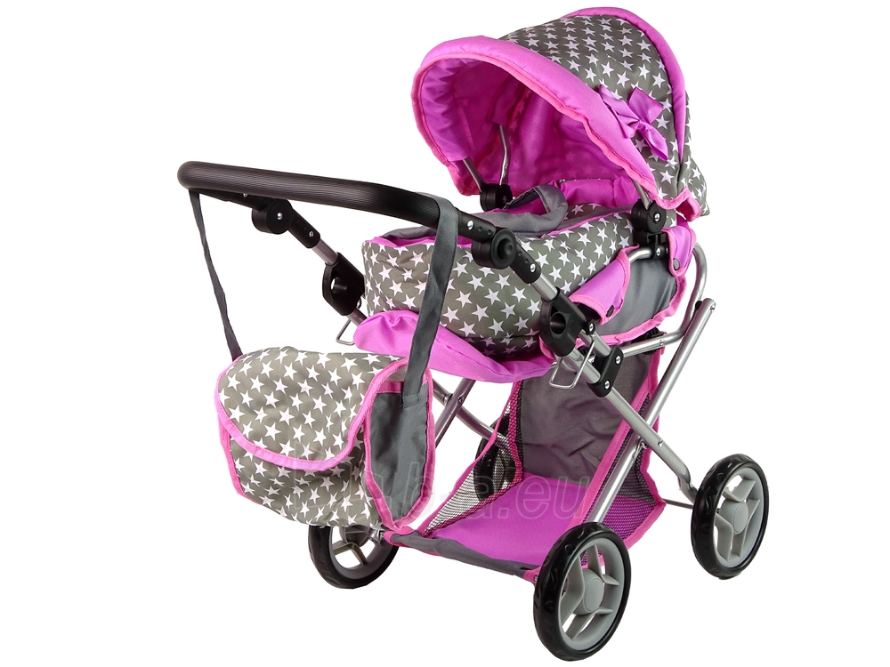 Gray Pink Stars vaikiškas vežimėlis lėlėms su krepšiu paveikslėlis 1 iš 10