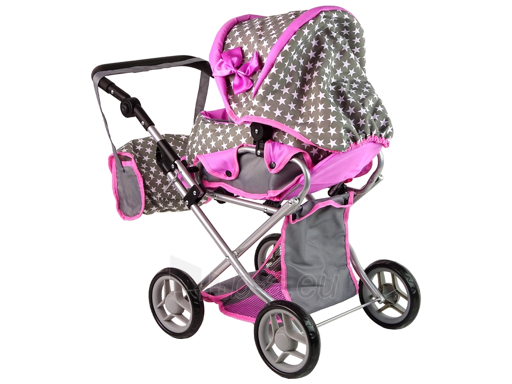 Gray Pink Stars vaikiškas vežimėlis lėlėms su krepšiu paveikslėlis 6 iš 10