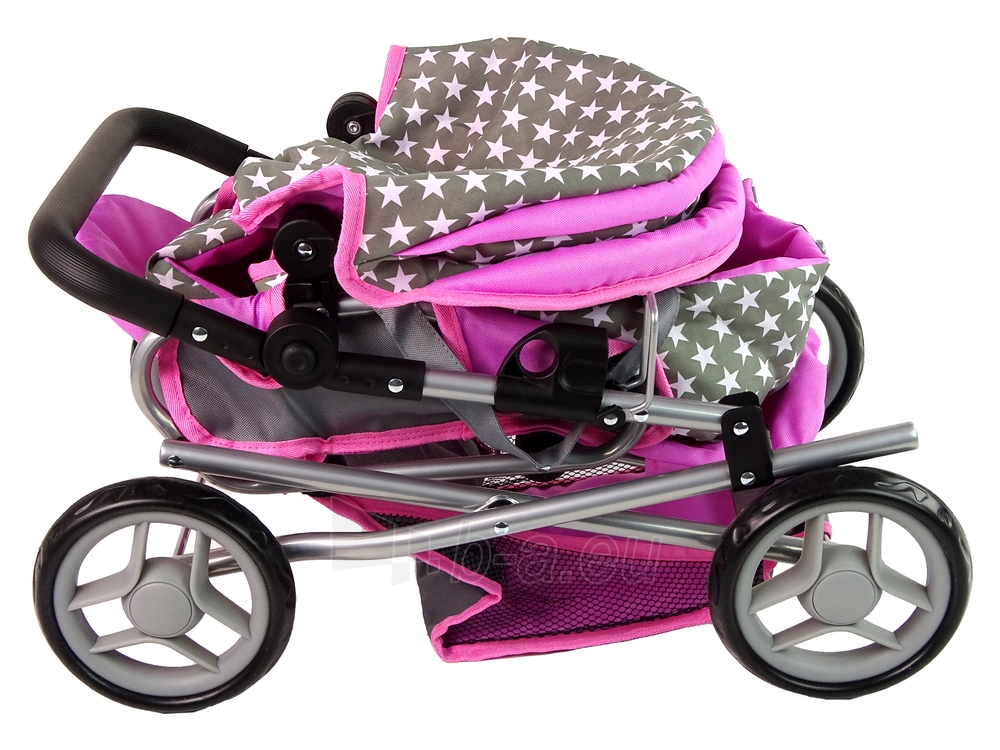 Gray Pink Stars vaikiškas vežimėlis lėlėms su krepšiu paveikslėlis 5 iš 10